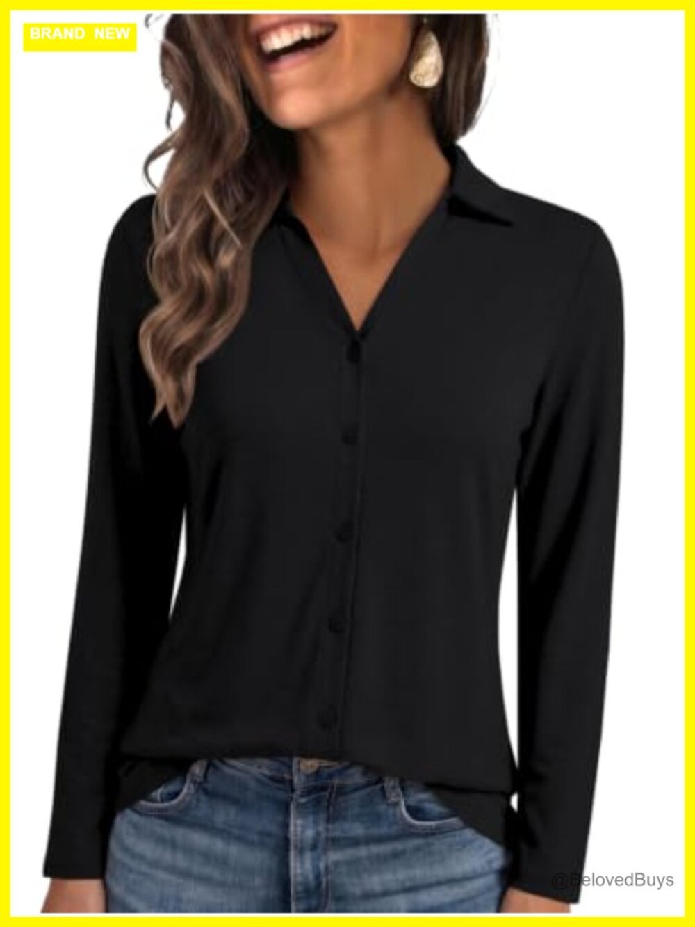 Womens Button Down Polo Collared Long Sleeve Flowy Tunic Top Blouse